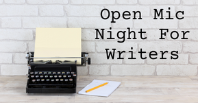 A typewriter next to the text "Open Mic Night For Writers"