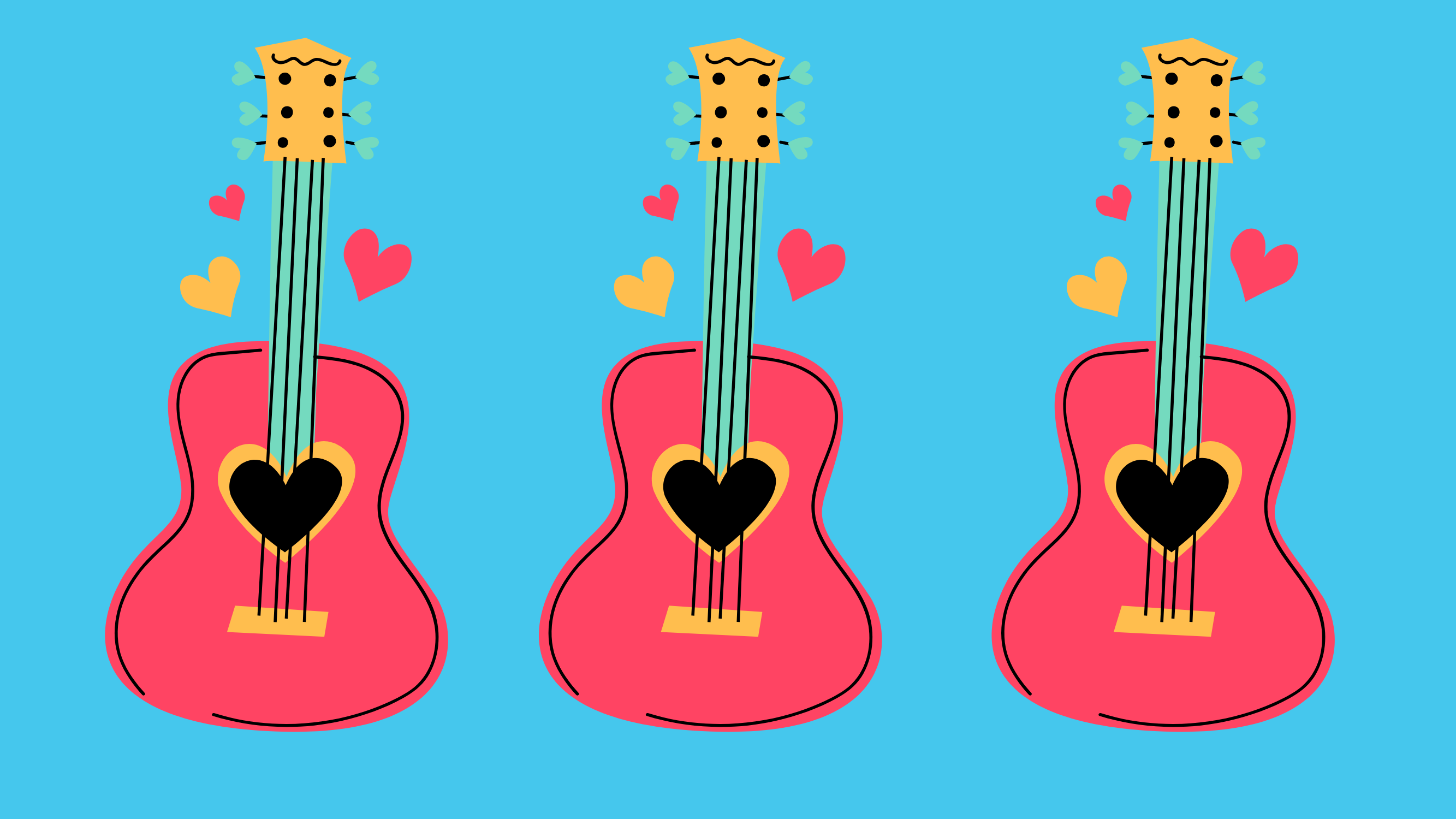 three guitars with colorful background