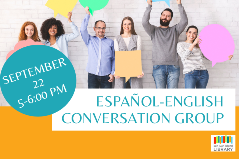 Bilingual English Spanish Conversation Circles at the San Juan Island Library people holding speech bubbles