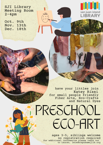 Hands on activities for preschoolers to engage with natural crafts including plant dye and fiber arts. Hosted by local artist Katey Rissi. Oct. 9th 2-4pm.